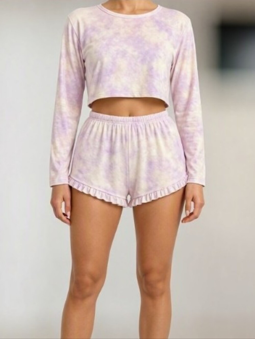 Tie-Dye Lavender & Cream PJ Set - Long Sleeve Crop Top & Ruffle Shorts fits as L